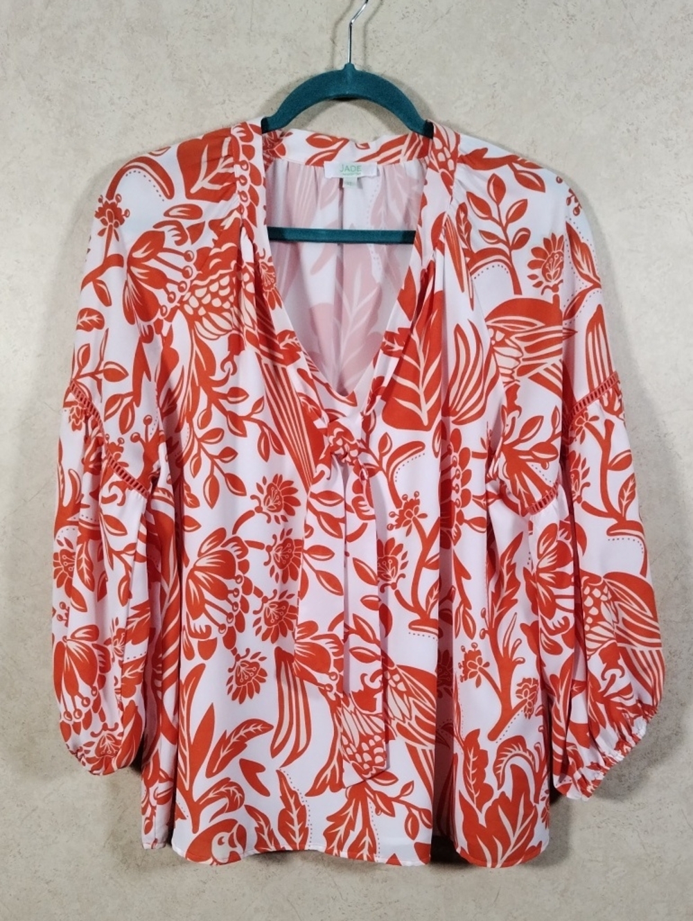 G081 Jade Melody Tam orange floral print v-neck puffy sleeve blouse XL